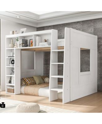 Queen Size Wooden Loft Bed with Storage Cabinets and Shelves