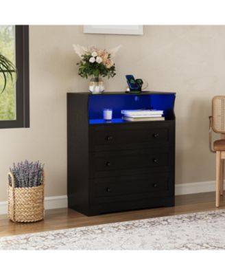 Small Wood Dresser with 3 Drawers, Wooden Dresser with Charging Station and LED Lights for Bedroom Closet Bedside Nightstand