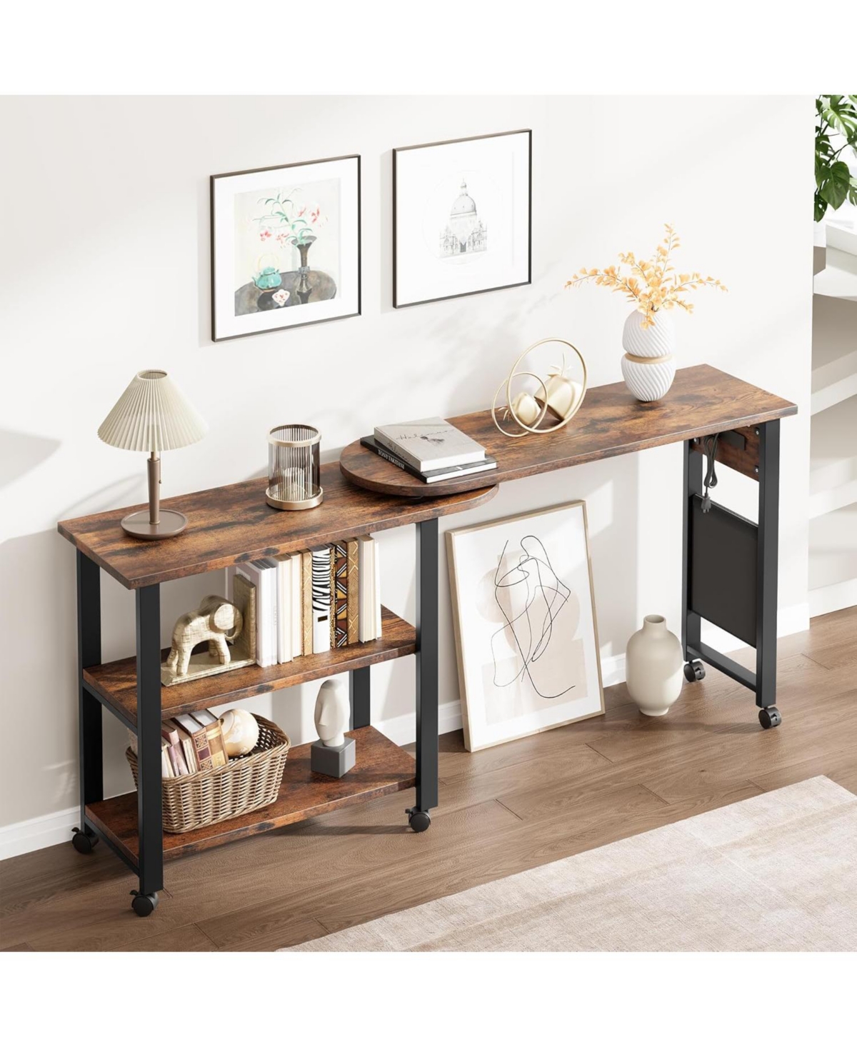 gaomon End Table Rotating Sofa Side Table with Charging Station Swivel Side Table with Extra Storage Bag Movable End Table with Wheels