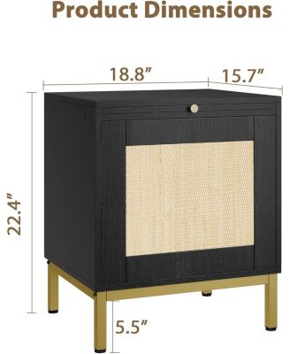 Rattan Night Stand, Modern Farmhouse Pattern Side Table, End Table with Tray, Sofa Table with Storage Shelf for Bedroom, Living Room