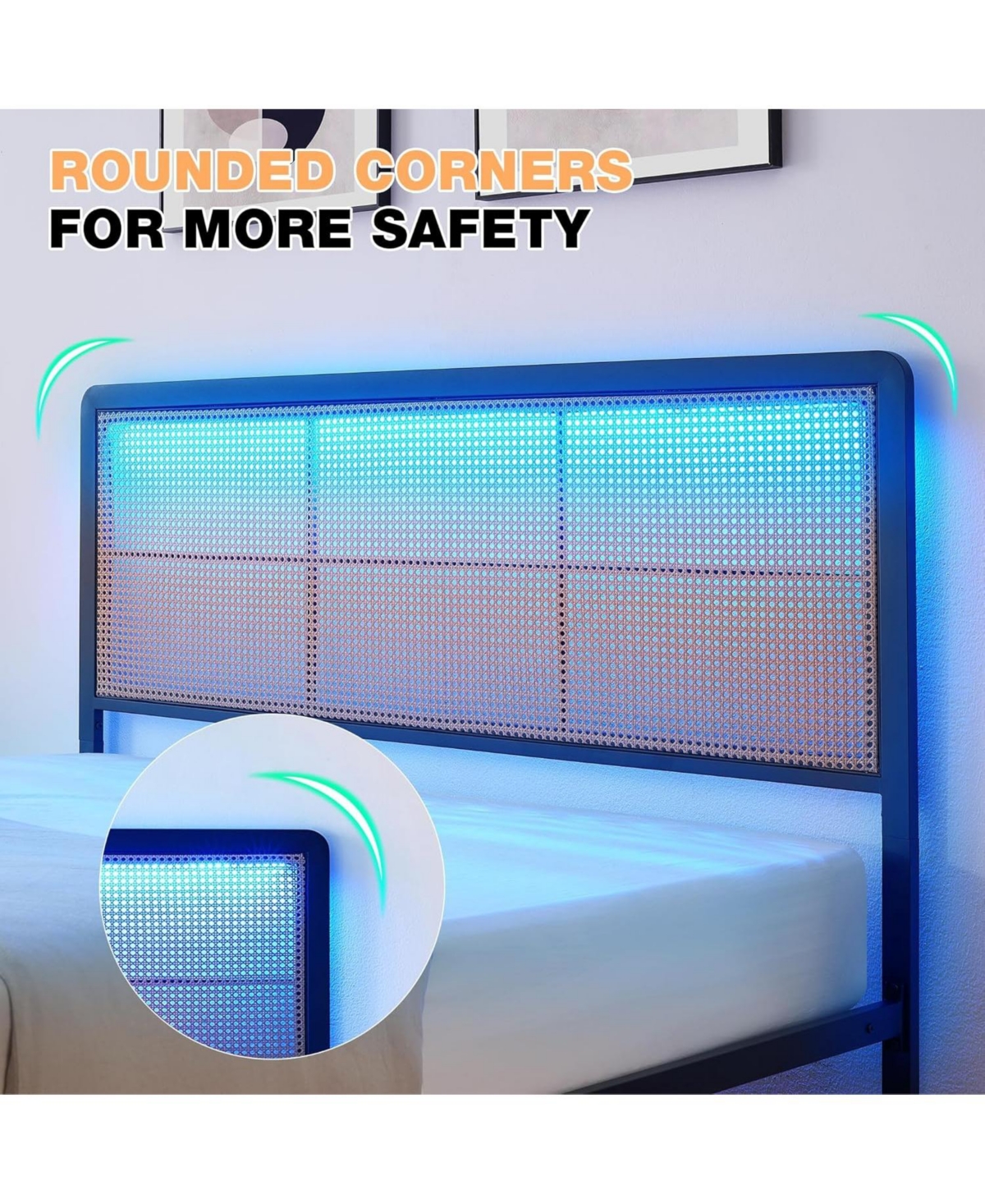 Gaomon Full Rattan Platform Bed Frame with Led Light Headboard