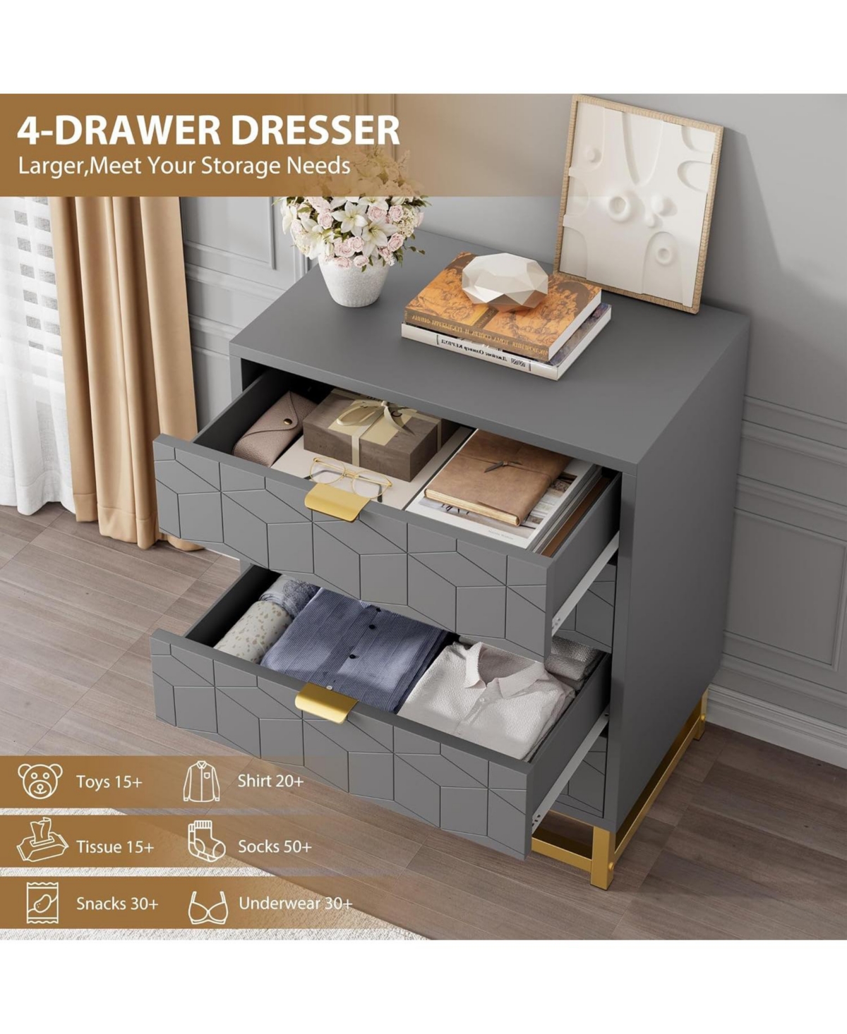 gaomon Dresser for Bedroom, 4 Drawer Dresser with Metal Legs, Wood Dressers Chest Organizer with Wide Storage, Modern Chest of Drawers for Bedroom