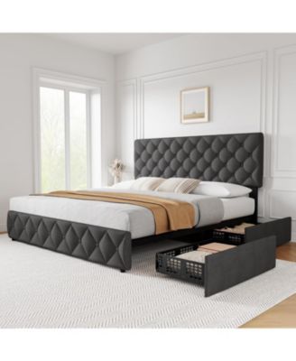 Bed Frame with 4 Storage Drawers and Adjustable Headboard, Linen Upholstered Platform Beds