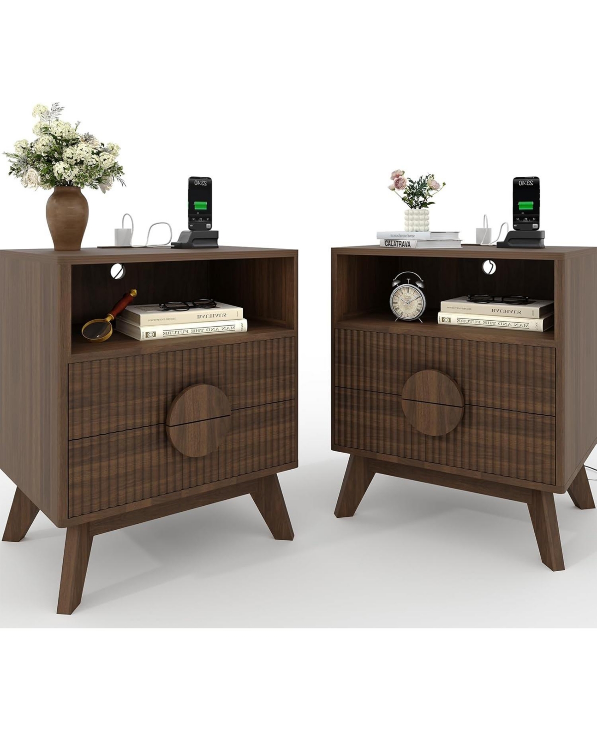 gaomon Fluted Night Stand Wood Tall Nightstands with Charging Station