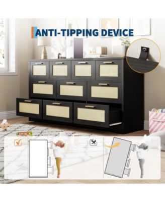 Rattan Dresser with 10 Drawers – Bedroom Storage Chest with Tabletop Organizer and TV Stand for Living Room and Hallway 60x16x32 Inches