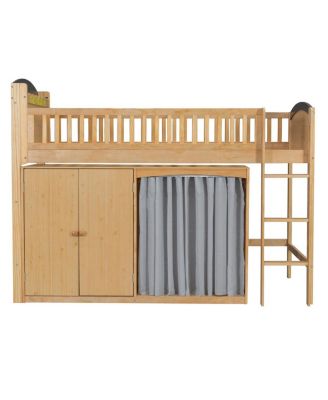 Loft Bed with Storage Cabinet, Wardrobe & LED Wood Espresso