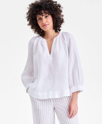 Women's 100% Linen Split-Neck 3/4-Sleeve Blouse