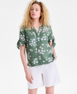 Women's 100% Linen Split-Neck Tie-Cuff Top