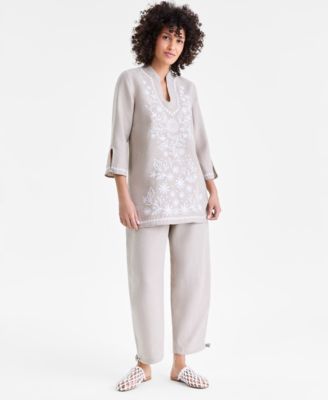 Women's 100% Linen Embroidered 3/4-Sleeve Tunic