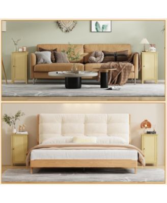 Bamboo Floor Cabinet with Woven Rattan Door, 2-Tier Storage Cabinet for Bedroom, Living Room, Slim Design