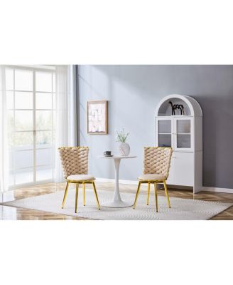 Set of 2 Modern Luxury Velvet Dining Chairs with Gold Legs & Woven Rope