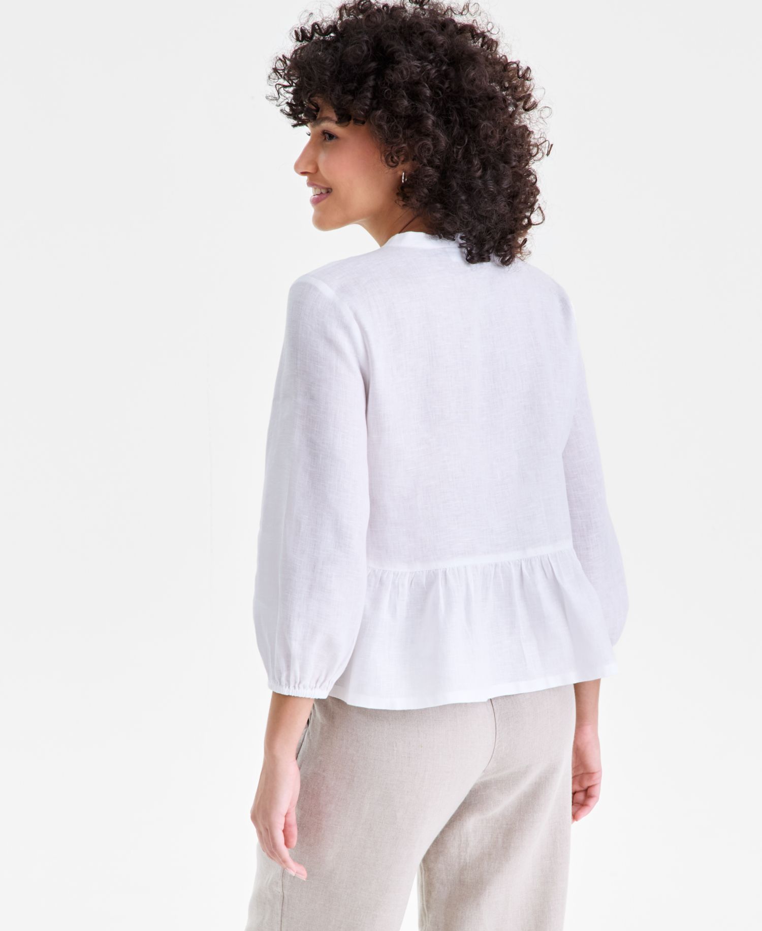 Women's 100% Linen Embroidered-Front Peplum Top