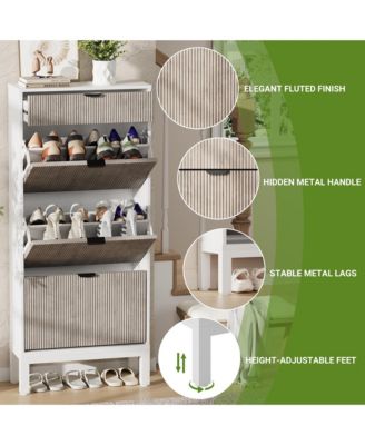 Entryway Freestanding Shoe Cabinet, 3 Flip Fluted Doors + 1 Drawer Shoe Organizer