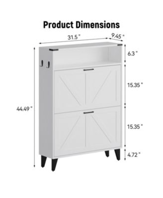 Entryway Shoe Cabinet - 2 Flip Drawers + Open Shelf with Hooks & Metal Handle Organizer
