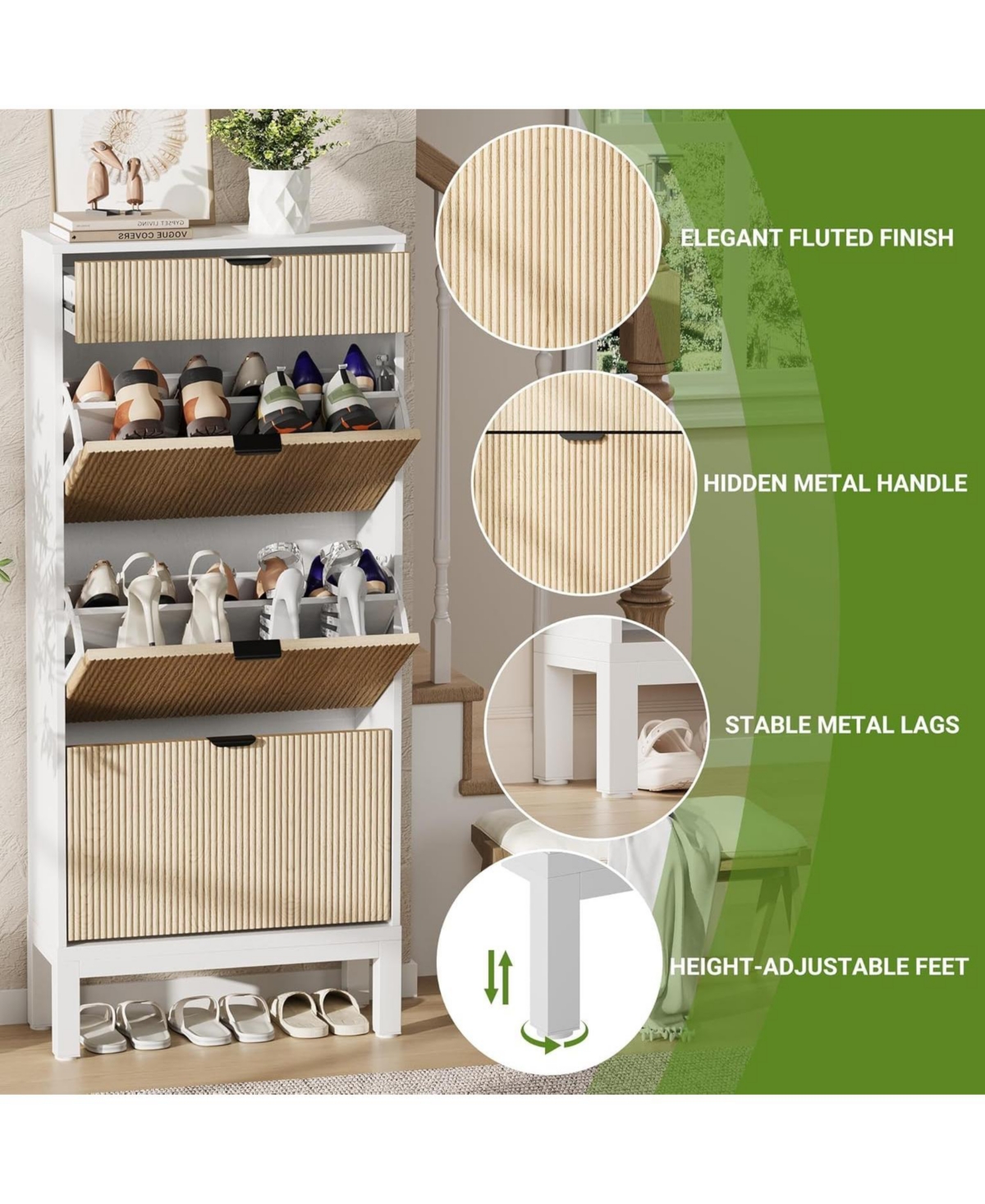 gaomon Entryway Freestanding Shoe Cabinet, 3 Flip Fluted Doors + 1 Drawer Shoe Organizer