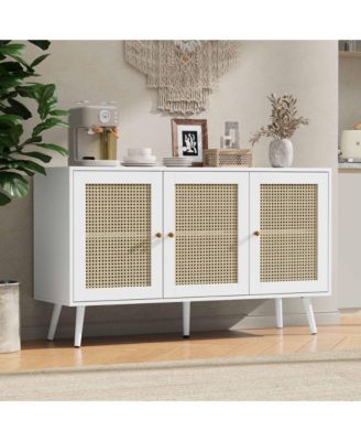 Rattan Storage Cabinet with 3 Doors, Boho Sideboard Buffet Cabinet Wood Farmhouse Credenza Cabinet