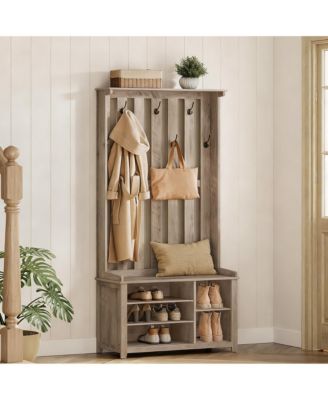 7 Double Hooks Hall Tree with Shoe Bench and Storage