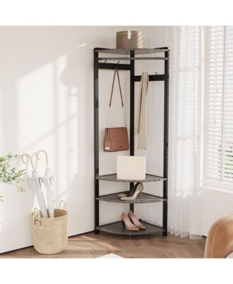 6 Double Hooks Corner Coat Rack - Multi-Functional Entryway Rack with Shoe Bench
