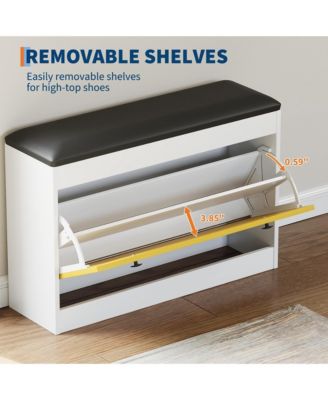 Modern Entryway Shoe Storage Bench with Flip Drawer, PU Cushion & Tipping Bucket Organizer