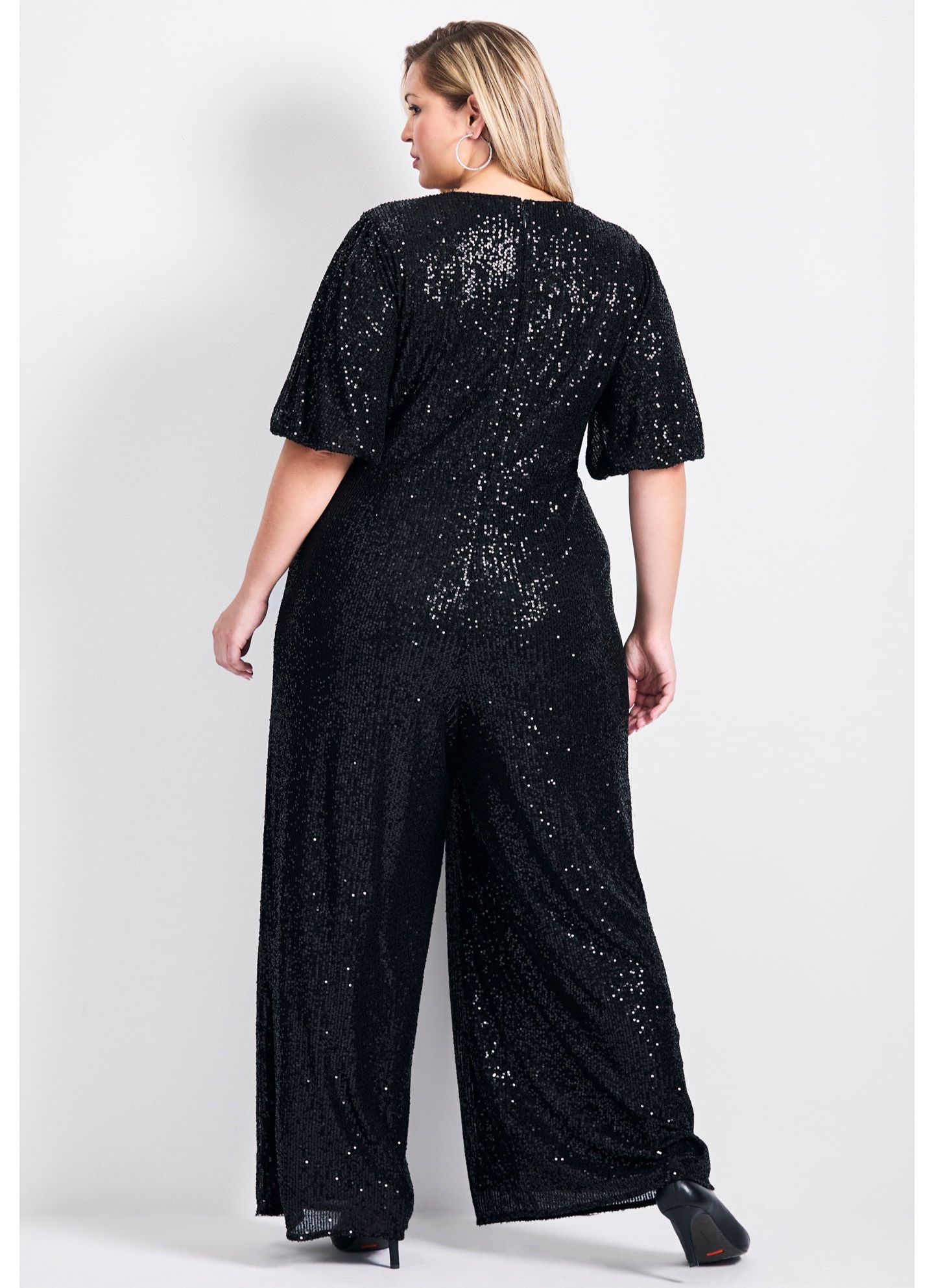 Женский комбинезон AVENUE Plus Size Petite Nada Sequin Puff Sleeve Jumpsuit, цвет: Чёрный — фото 3