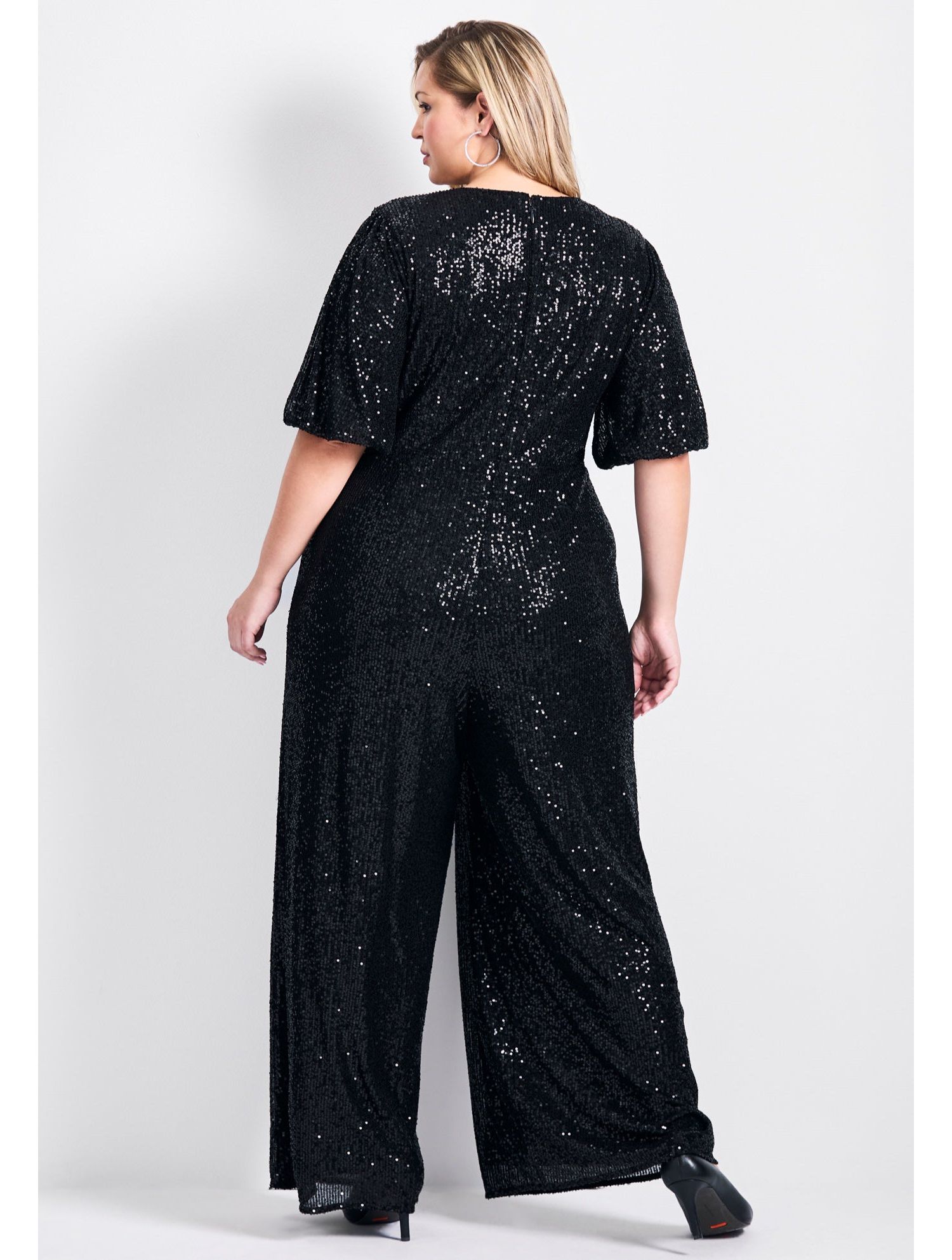 Women's Plus Size Petite Nada Sequin Puff Sleeve Jumpsuit