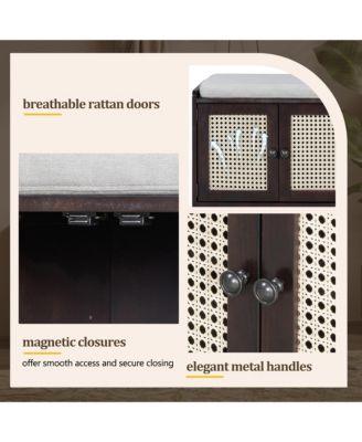 Rustic Storage Bench - Wood Shoe Cabinet Storage Ottoman with Removable Cushion, Woven Rattan Doors, Adjustable Shelves for Hallway