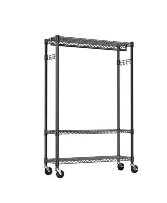Heavy Duty Garment Rack on Wheels, 3 Tiers Adjustable Wire Shelving, Clothes Rack with 1 Rods and Side Hooks for Bedroom and Wardrobe