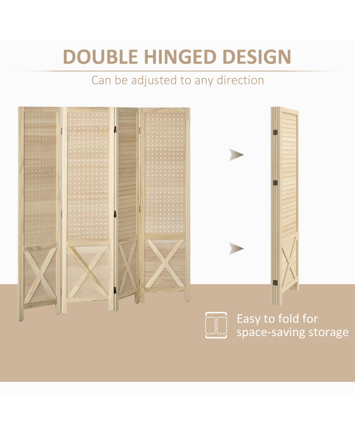Homcom 4.7' 4 Panel Room Divider with Pegboard Display for Indoor, Natural