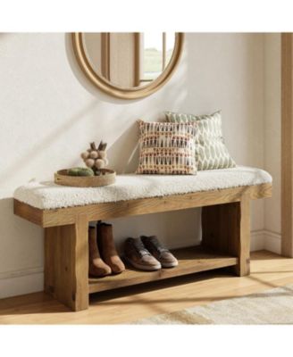 47.2" Solid Wood Bench, 2-Tier Farmhouse Upholstered Entryway Bench with Storage Shelf, Narrow Rustic Bench for Bedroom, Entryway