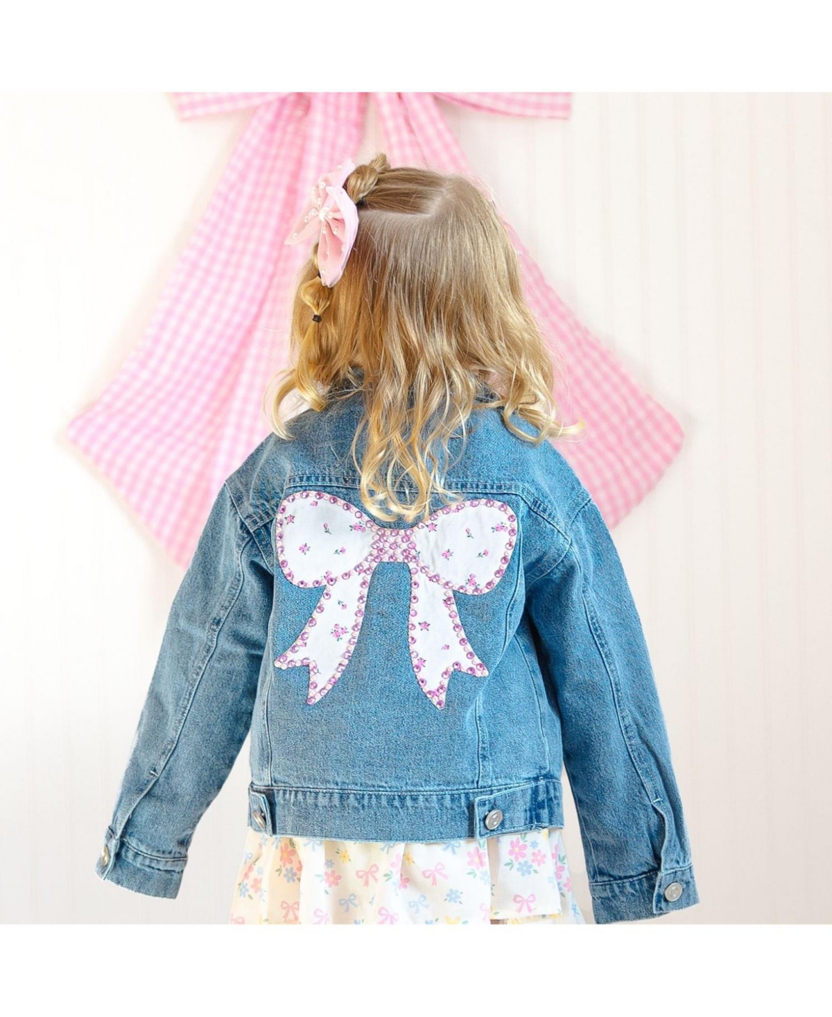 Sweet Wink Big Girls Pearl and Gemstone Floral Bow Patch Denim Jacket