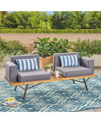 Outdoor 2 Seater Acacia Wood Sofa with Metal Legs Teak Finish Water Resistant Cushions for Garden Patio