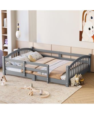 Montessori Floor Bed with Slats & Guardrails, Solid Wood