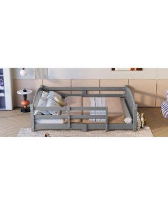 Montessori Floor Bed with Slats & Guardrails, Solid Wood