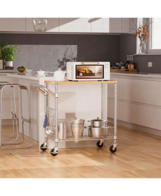 Kitchen Cart with Wood Top, 8 Hooks, Adjustable Shelves, & 4 Lockable Wheels