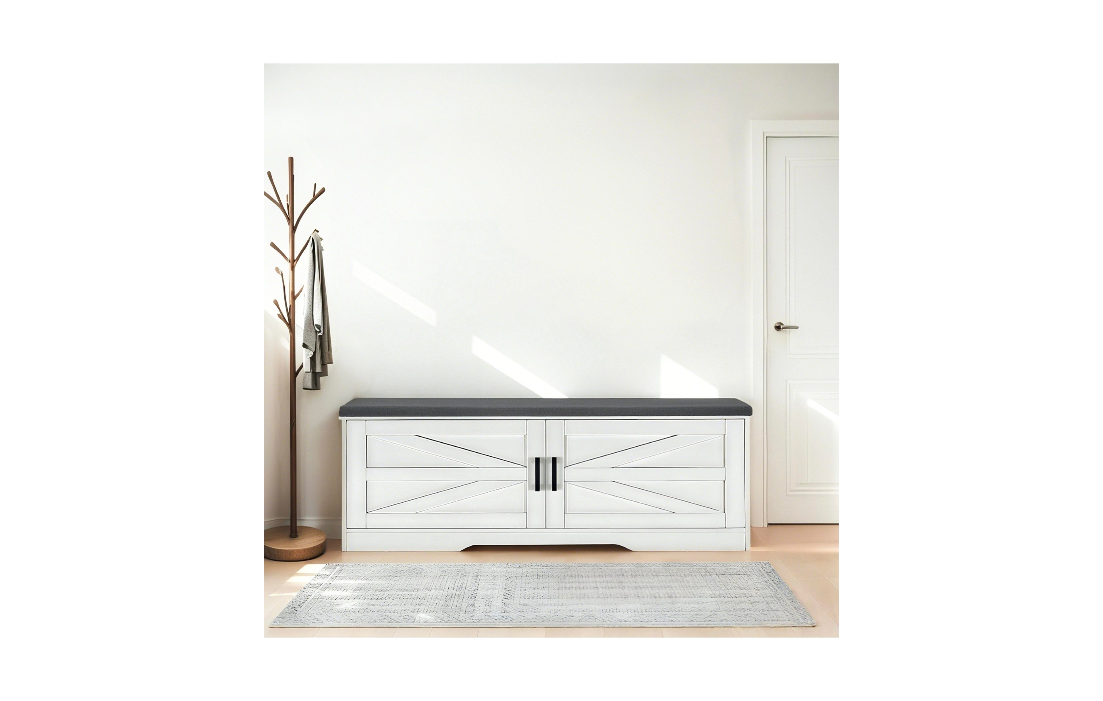 Rainsken 2-Tier Storage Bench, Modern Entryway Bench with Soft Cushions, 2 Barn Doors and 2 Adjustable Shelves for Foyer, Living Room and Hallway