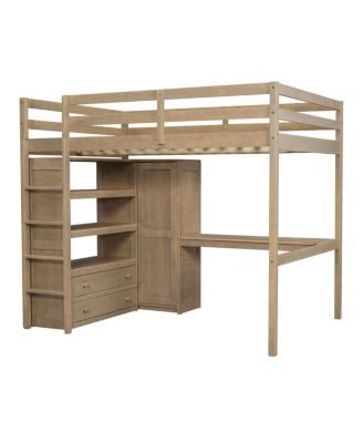  Wood Full Loft Bed w/ Wardrobe, Desk, Storage & Drawers, Walnut