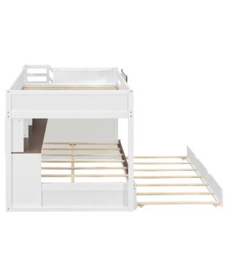96 inches Full Over Full Bunk Bed with Twin Size Trundle and Staircase, Shelves, LED