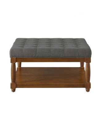 Large Square Tufted Linen Ottoman Coffee Table with Solid Wood Shelf - Granite