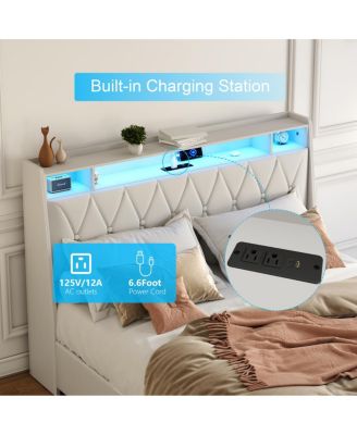  Queen Bed Frame with Ergonomic Headboard, Outlets, LED Light & Storage Shelf