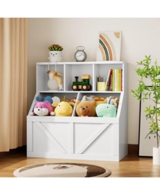 Kids Bookshelf and Toy Storage – Wooden Toy Organizer with Storage Cabinet and Shelf, Toddler Bookcase for Playroom, Bedroom, Nursery