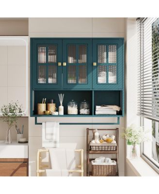 Bathroom Wall Cabinet, 3-Door Wooden Cabinet with Open/Hidden Storage