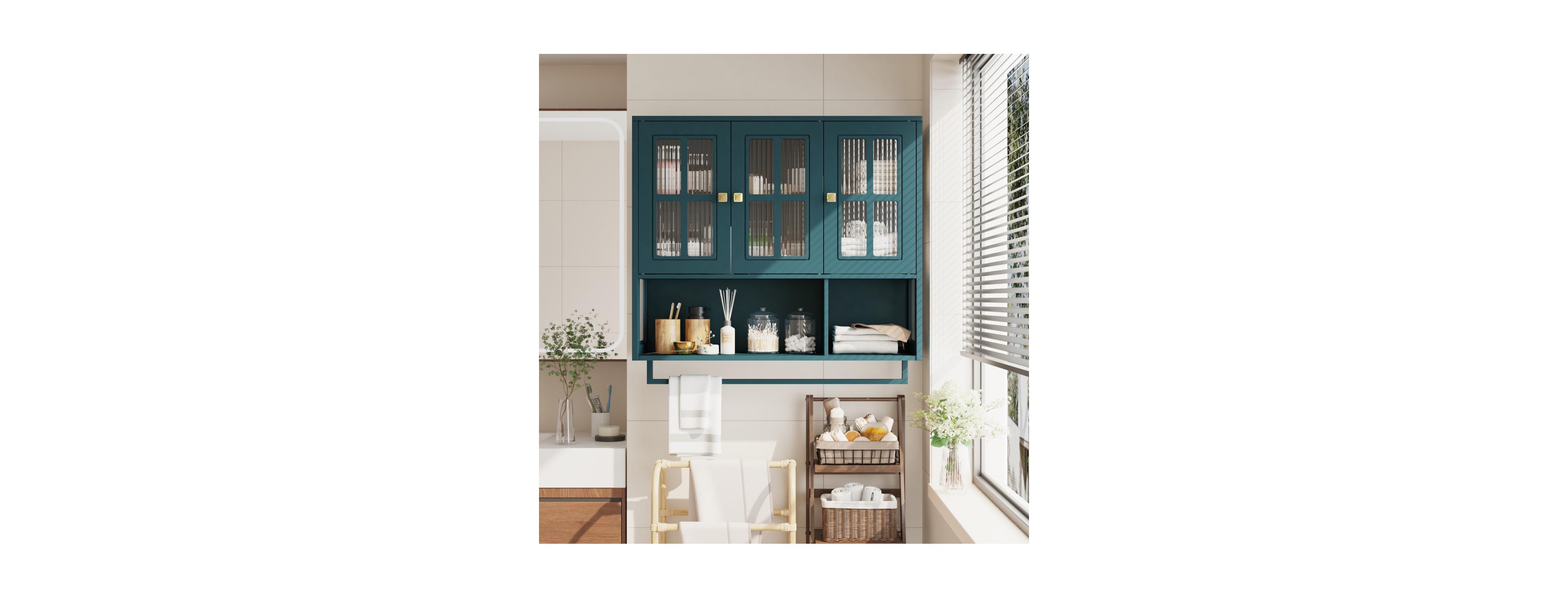 Streamdale Furniture Bathroom Wall Cabinet, 3-Door Wooden Cabinet with Open/Hidden Storage