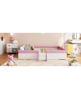  King Size Upholstered Daybed Frame with Fence and Stairs