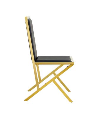 4-pack gold metal framed black PU dining chairs with ergonomic design.