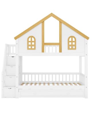 Streamdale Twin Size Wooden House Bunk Bed with Storage Staircase & Trundle