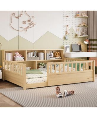 Wooden floor bed with fence guardrail & side storage.