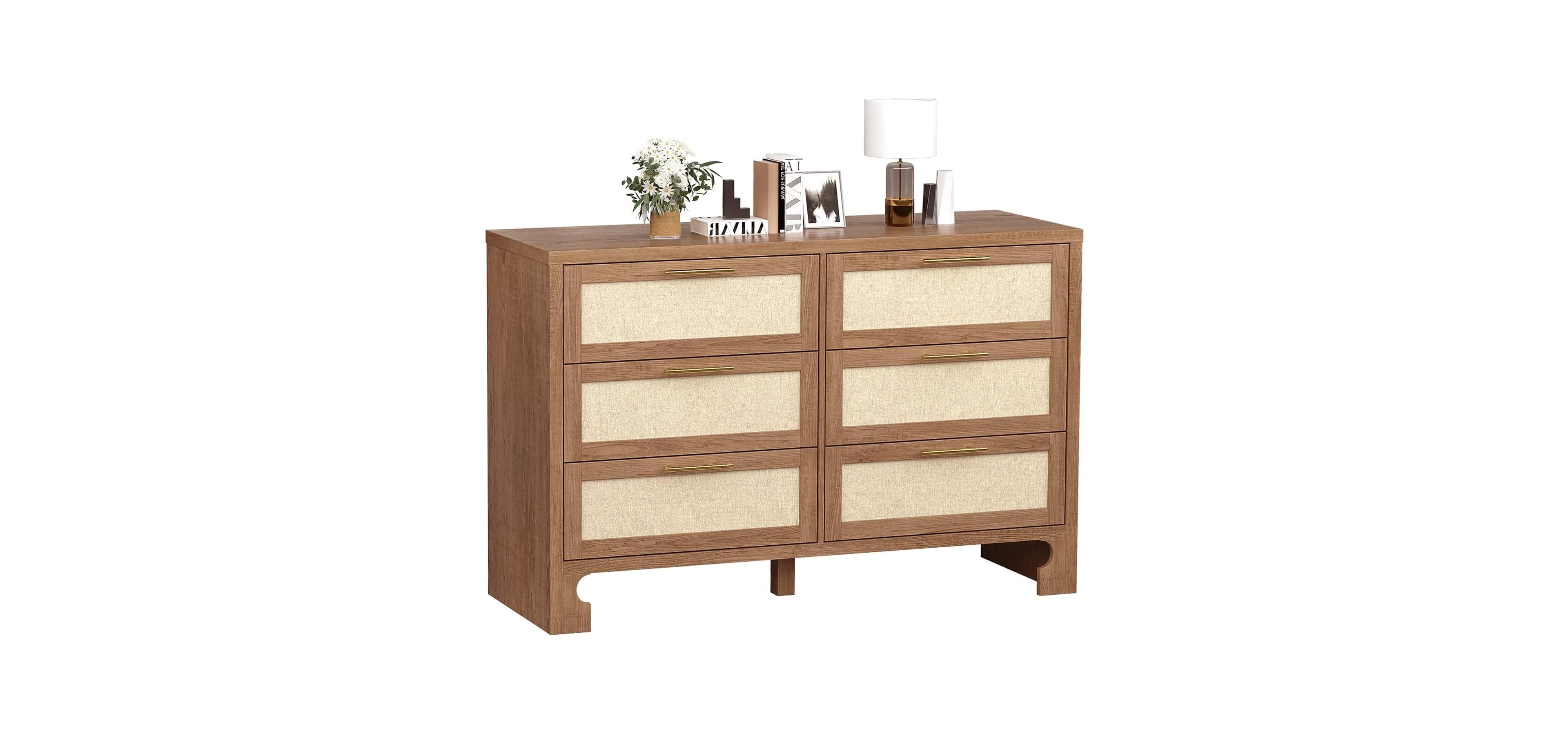gaomon 47.2" Wood Burlap Style 6 Drawer Chest of Drawers