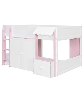  Full Loft House Bed with Playhouse & Storage, Modern Wood Cabin Bed for Kids/Teens