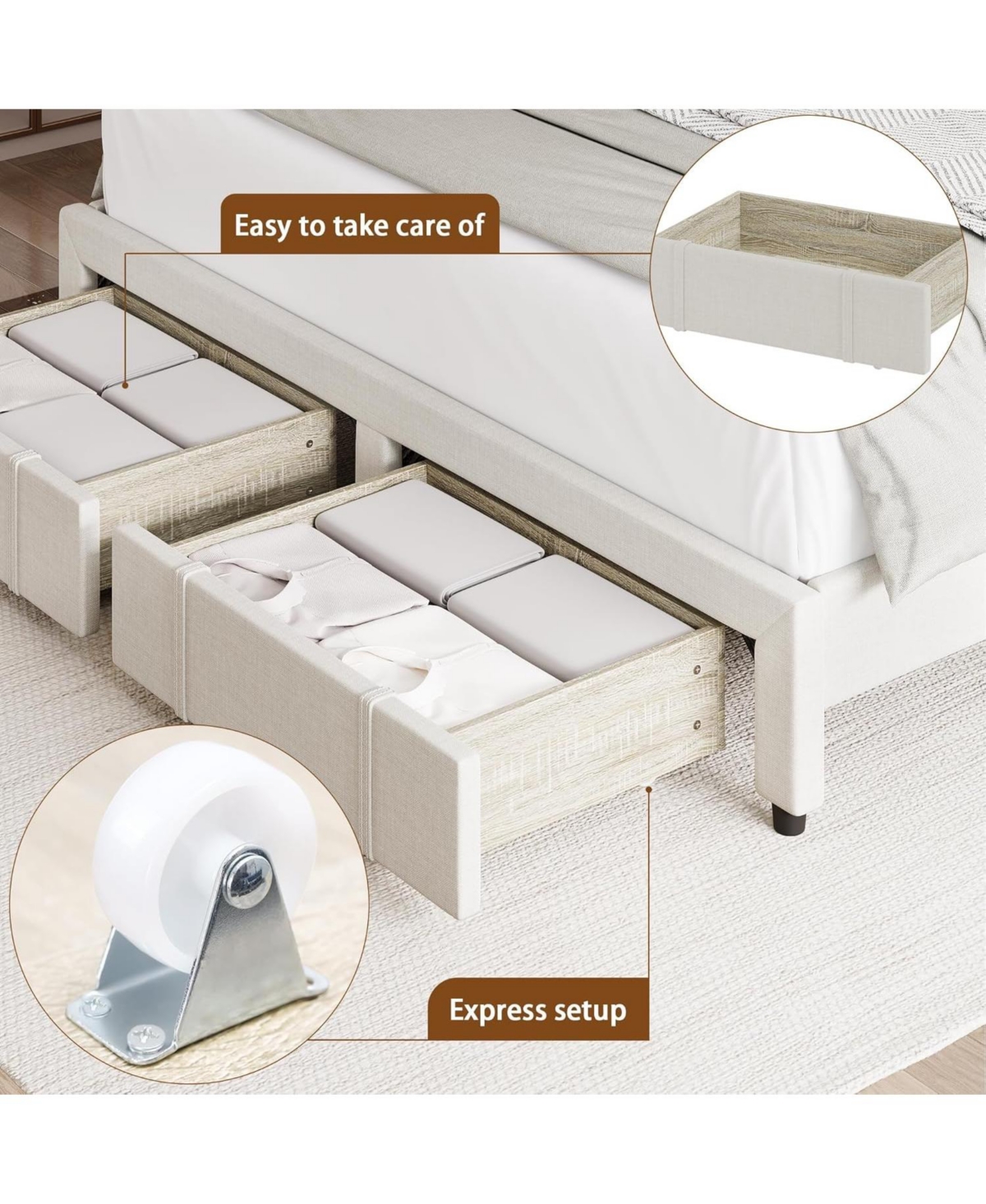 gaomon Bed Frame, Upholstered Platform Frame with Storage Drawers, Mattress Foundation Solid Wooden Slats Support,