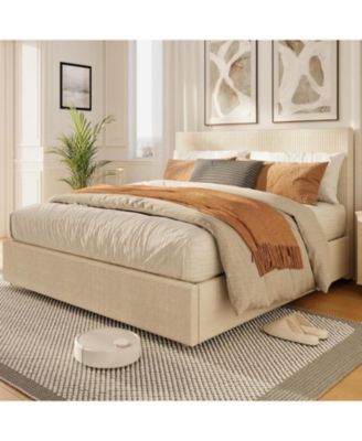 Platform Bed Frame with 4 Storage Drawers, Upholstered Channel Tufted Wingback Headboard Bed Frame with Strong Wooden Slat Support
